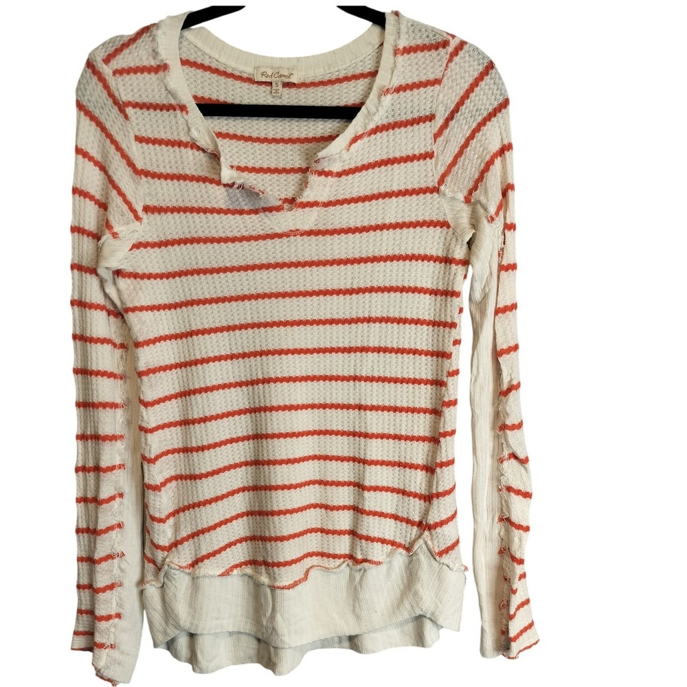 Red Camel Women's Coral Striped Waffle Knit Long Sleeve V Neck Henley Top Size S